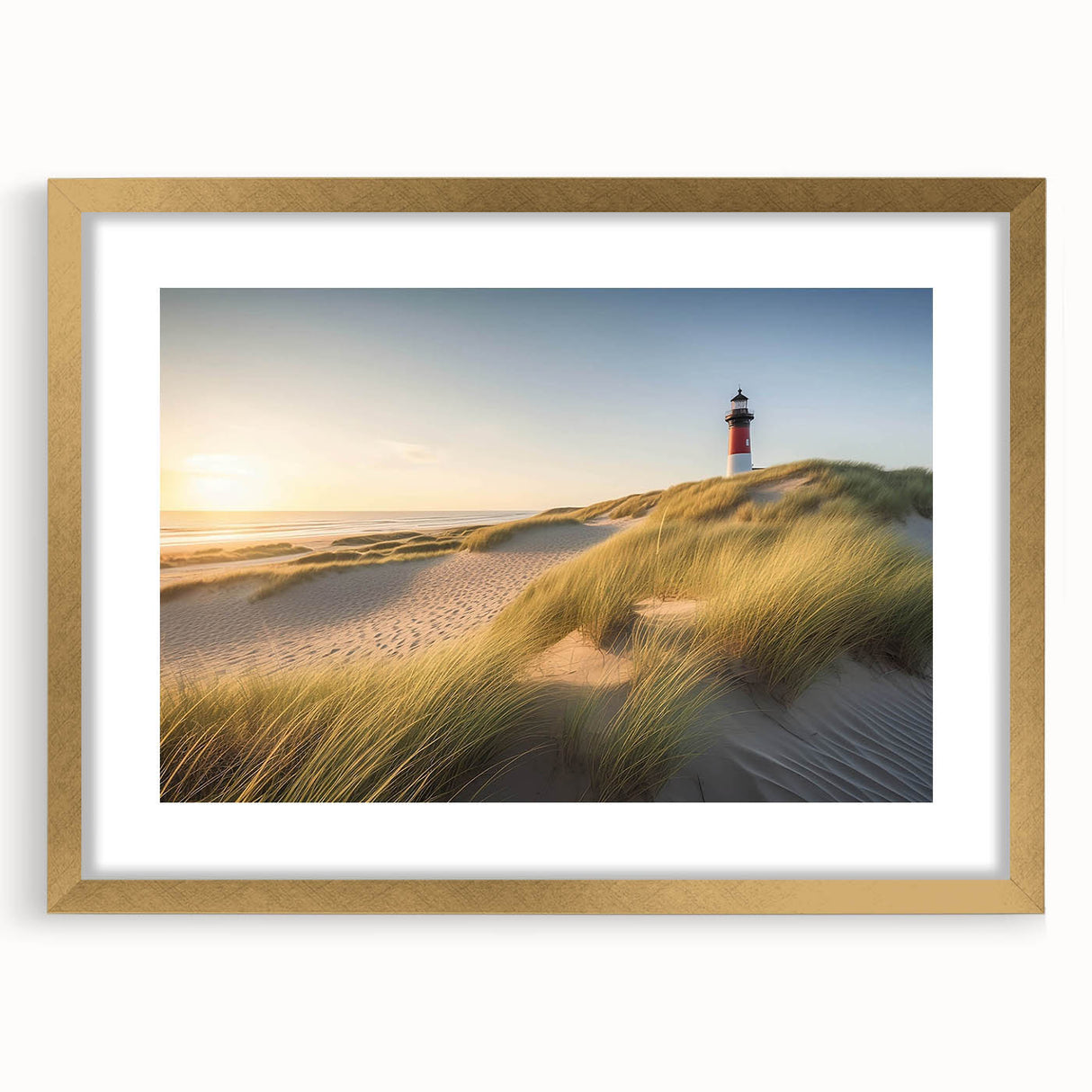 Elegant gold-framed wall art featuring a serene lighthouse landscape design, showcasing vibrant colors and intricate details, perfect for coastal-themed decor.