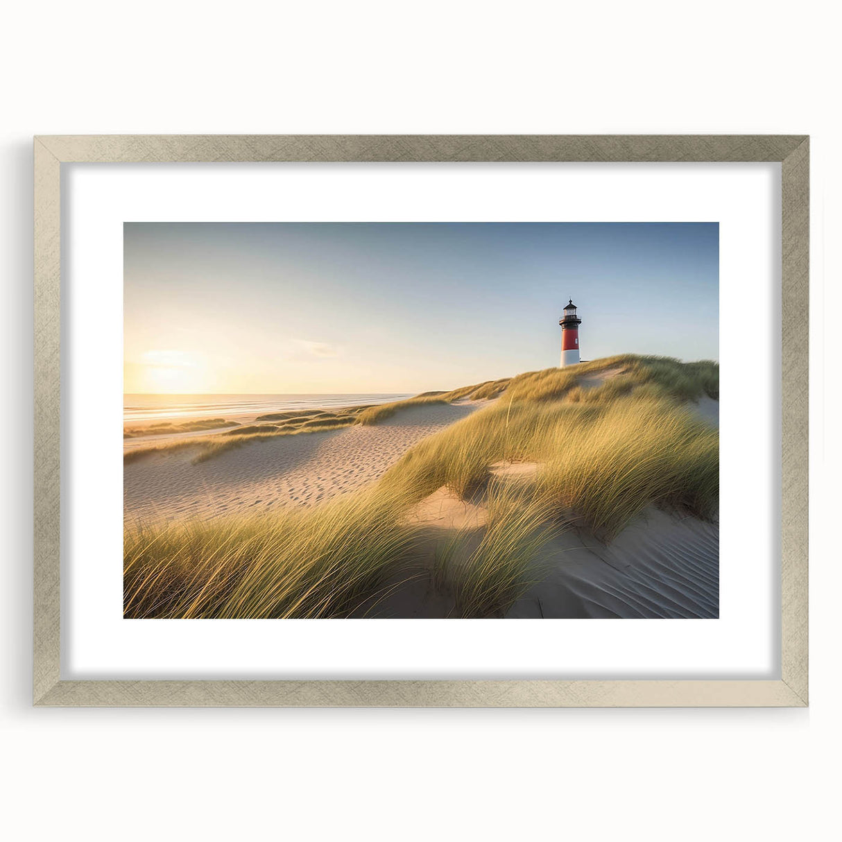 Framed wall art featuring a serene lighthouse landscape design with a silver mat, showcasing calming ocean hues perfect for home decor. Ideal for coastal-themed interiors.