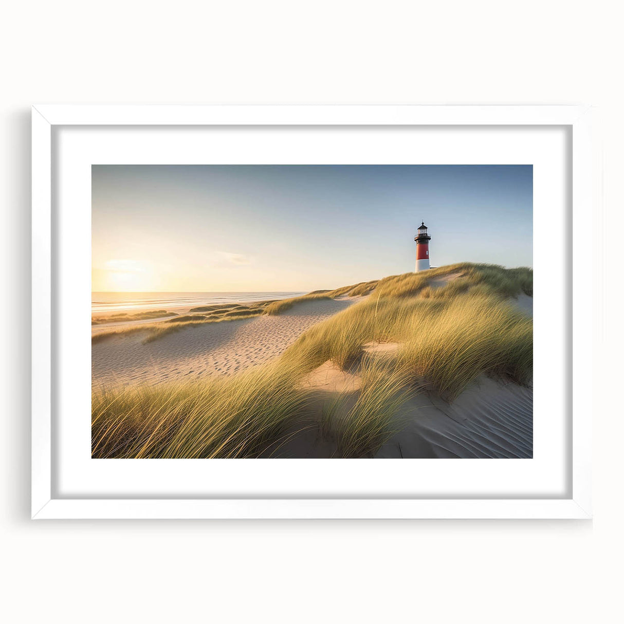 Framed wall art collection featuring a coastal landscape with a lighthouse design, accented by a white mat and sleek frame, perfect for home decor.