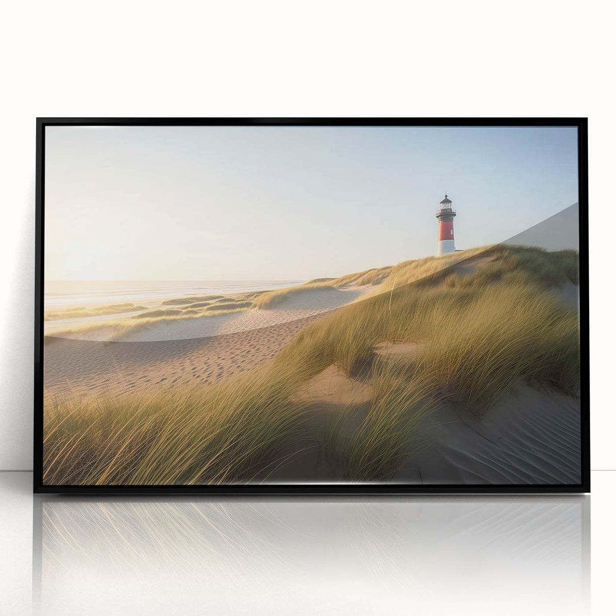Framed acrylic wall art showcasing a scenic lighthouse landscape design, featuring vibrant colors and a sleek black frame, perfect for enhancing home decor.