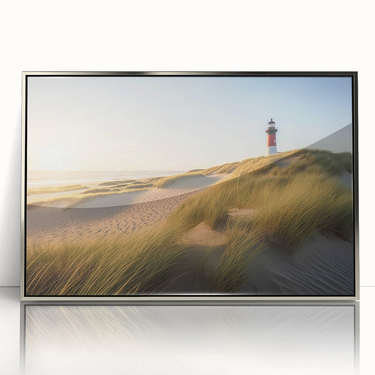 Framed wall art featuring a serene landscape with a lighthouse, crafted in acrylic with a silver frame, ideal for coastal decor enthusiasts. Perfect for enhancing home interiors with a calming, nautical theme.