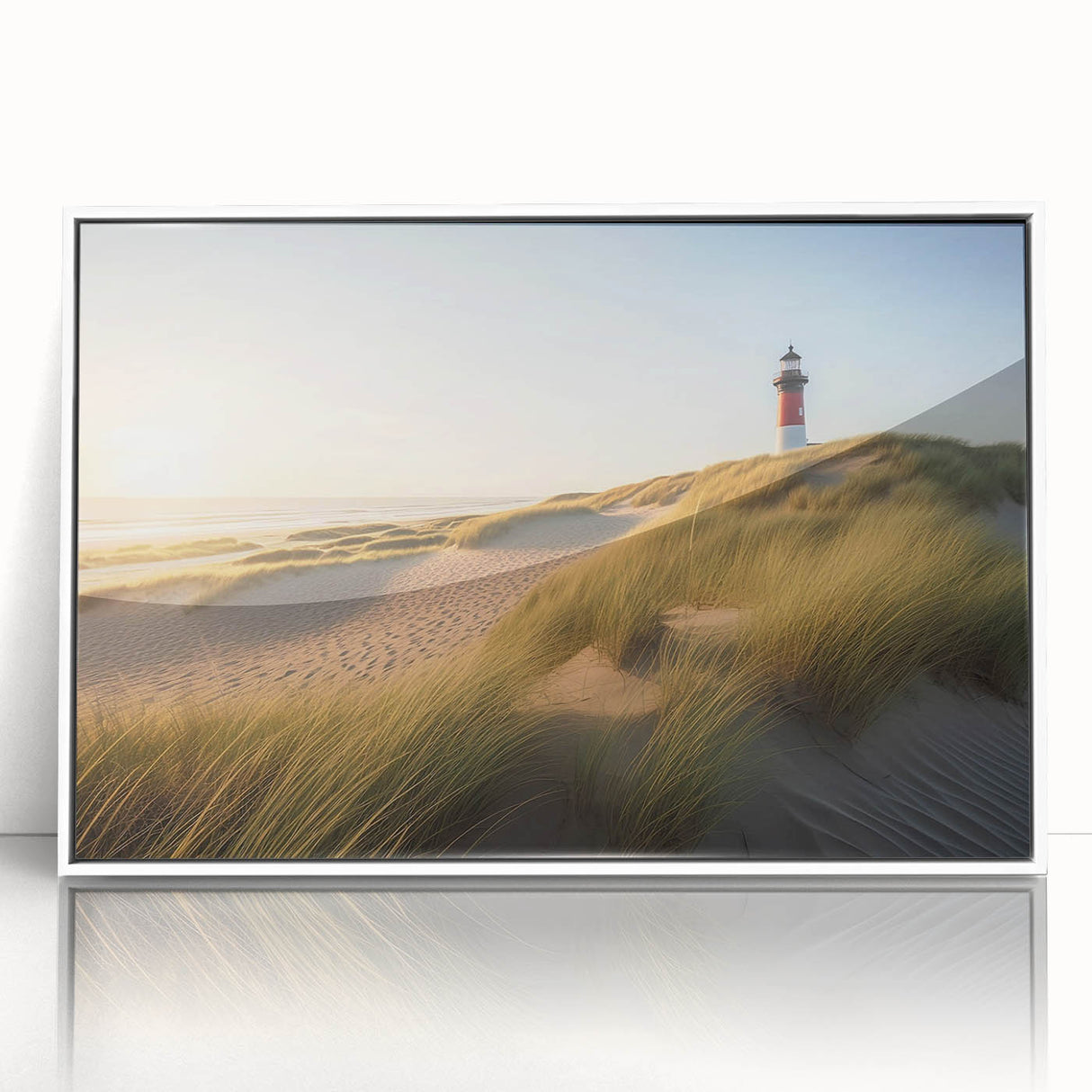 Framed wall art featuring a serene lighthouse design set against a vibrant sunset, showcasing a white frame and acrylic finish, perfect for coastal decor enthusiasts.