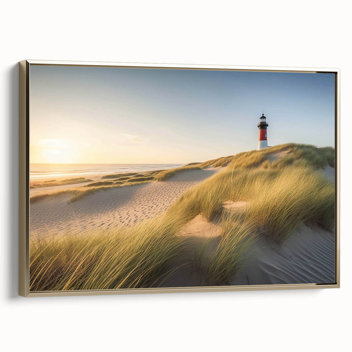 Framed canvas wall art depicting a picturesque lighthouse landscape design with vibrant colors and gold accents, perfect for enhancing home decor.