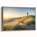Framed canvas wall art depicting a picturesque lighthouse landscape design with vibrant colors and gold accents, perfect for enhancing home decor.