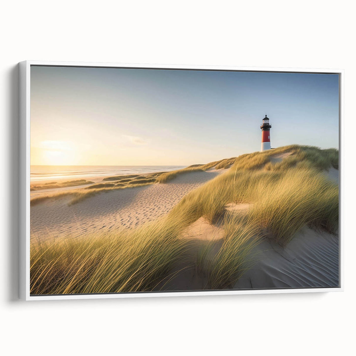 Framed canvas wall art featuring a serene lighthouse design amidst a vibrant landscape, showcasing a white frame and side view, perfect for coastal decor enthusiasts.