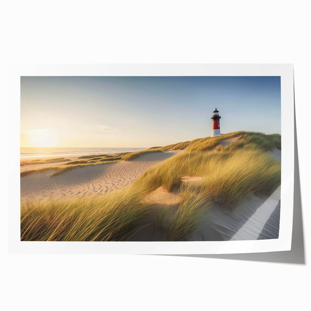 Lighthouse landscape wall art print showcasing a serene coastal scene with vibrant blues and soft clouds, rolled and ready for framing or display.
