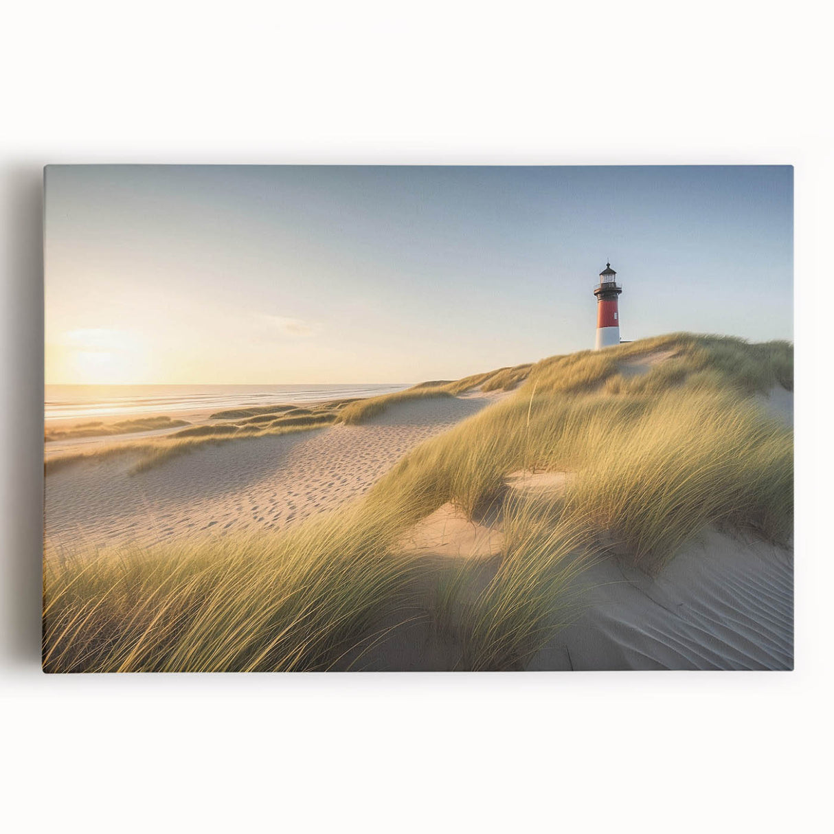 Stretched canvas wall art depicting a serene lighthouse surrounded by calm waters and a colorful sunset, perfect for coastal-themed decor and enhancing any living space.