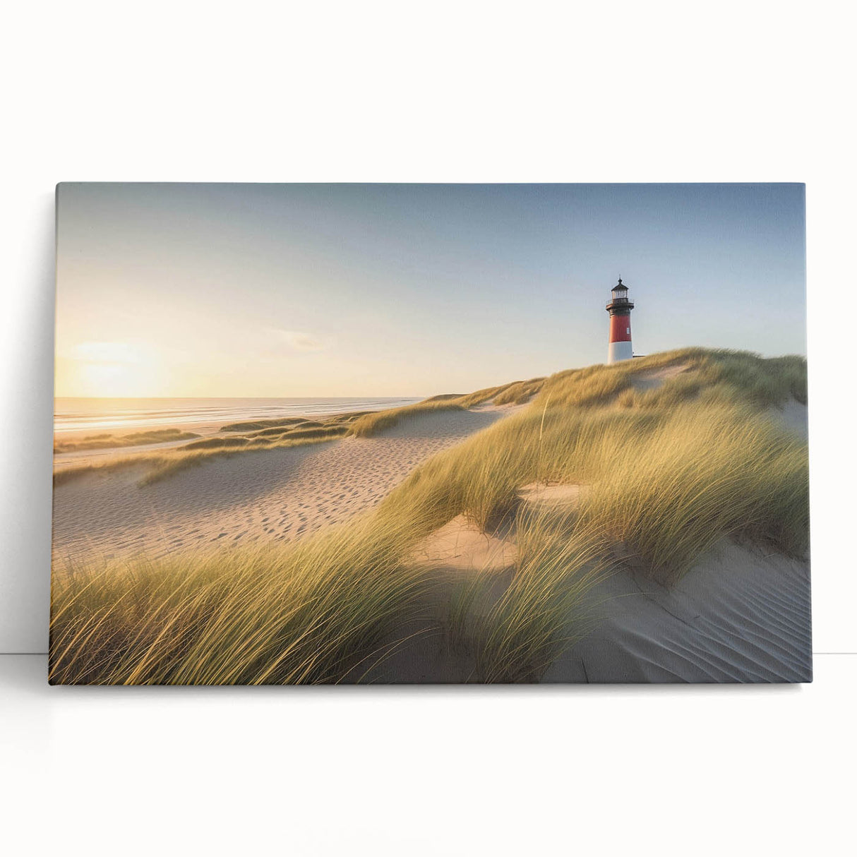 Stretched canvas wall art depicting a serene seaside lighthouse surrounded by vibrant landscapes, perfect for enhancing coastal-themed decor in living spaces.