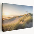 Side view of a stretched canvas wall art featuring a serene lighthouse landscape design, showcasing soft blues and greens, perfect for coastal home decor.