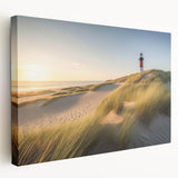 Side view of a stretched canvas wall art featuring a serene lighthouse landscape design, showcasing soft blues and greens, perfect for coastal home decor.
