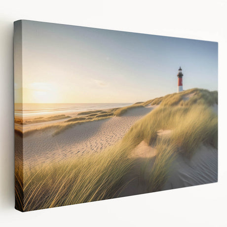 Side view of a stretched canvas wall art featuring a serene lighthouse landscape design, showcasing soft blues and greens, perfect for coastal home decor.
