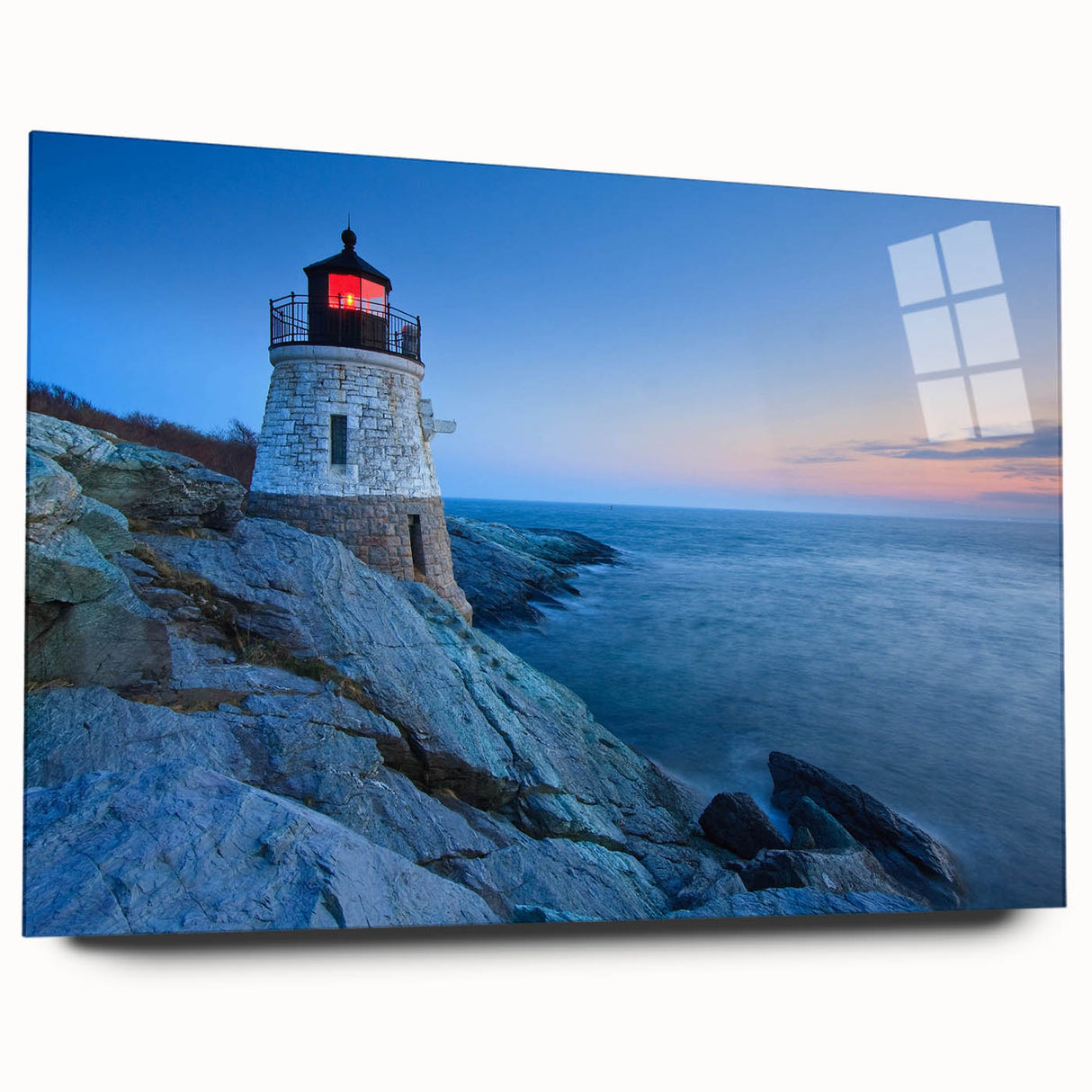 Acrylic glass wall art collection showcasing a serene lighthouse landscape design, featuring vibrant colors and intricate details, perfect for coastal-themed decor.