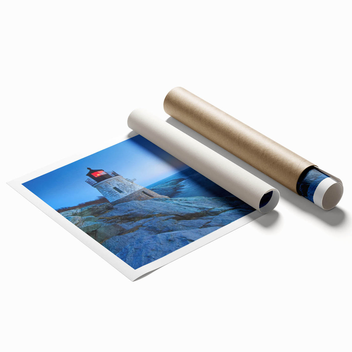 Lighthouse-themed wall art print showcasing a serene coastal landscape with vibrant colors and intricate details, rolled for easy display and transport.