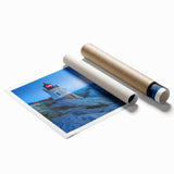 Lighthouse-themed wall art print showcasing a serene coastal landscape with vibrant colors and intricate details, rolled for easy display and transport.