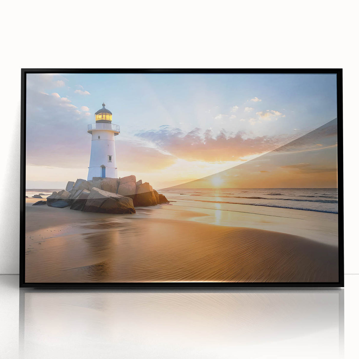 Framed wall art featuring a serene lighthouse landscape design, with a black frame and acrylic front. Ideal for coastal-themed decor, enhancing any room's ambiance.