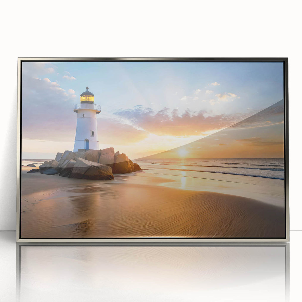 Framed acrylic wall art featuring a silver lighthouse design, showcasing intricate details and vibrant colors, perfect for coastal home decor.