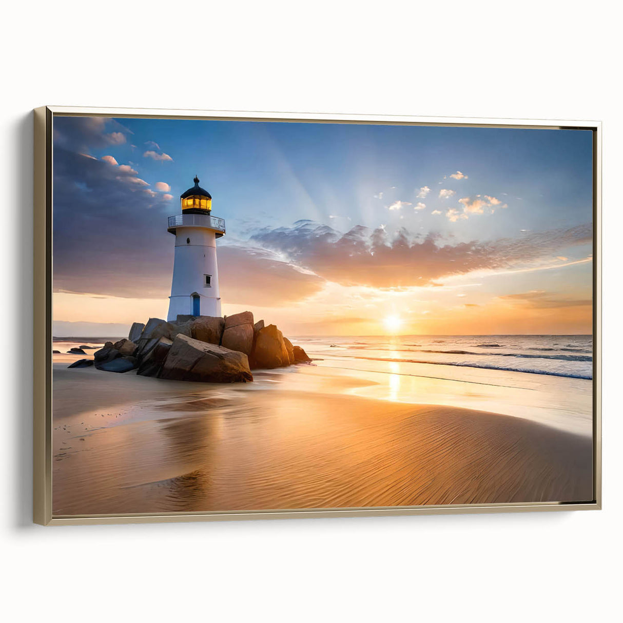 Framed canvas wall art showcasing a scenic lighthouse design against a serene landscape, accented with gold trim, perfect for coastal-themed decor.