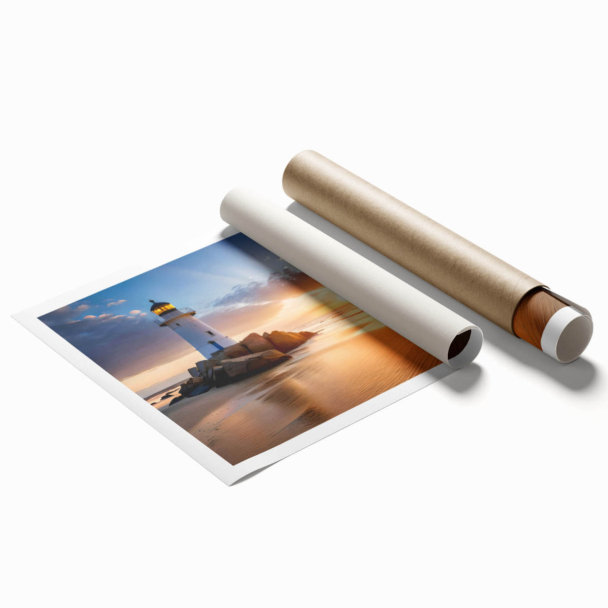 Vibrant rolled print of a coastal lighthouse landscape, showcasing dramatic skies and ocean waves, designed for home decor enthusiasts seeking nautical art.