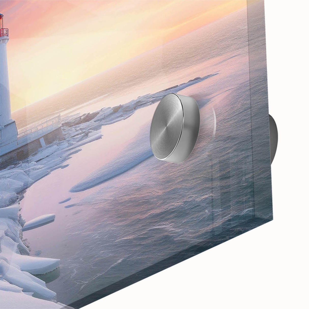 Close-up of a vibrant acrylic glass wall art piece featuring a serene lighthouse landscape design, showcasing intricate details and colors, perfect for coastal-themed decor.