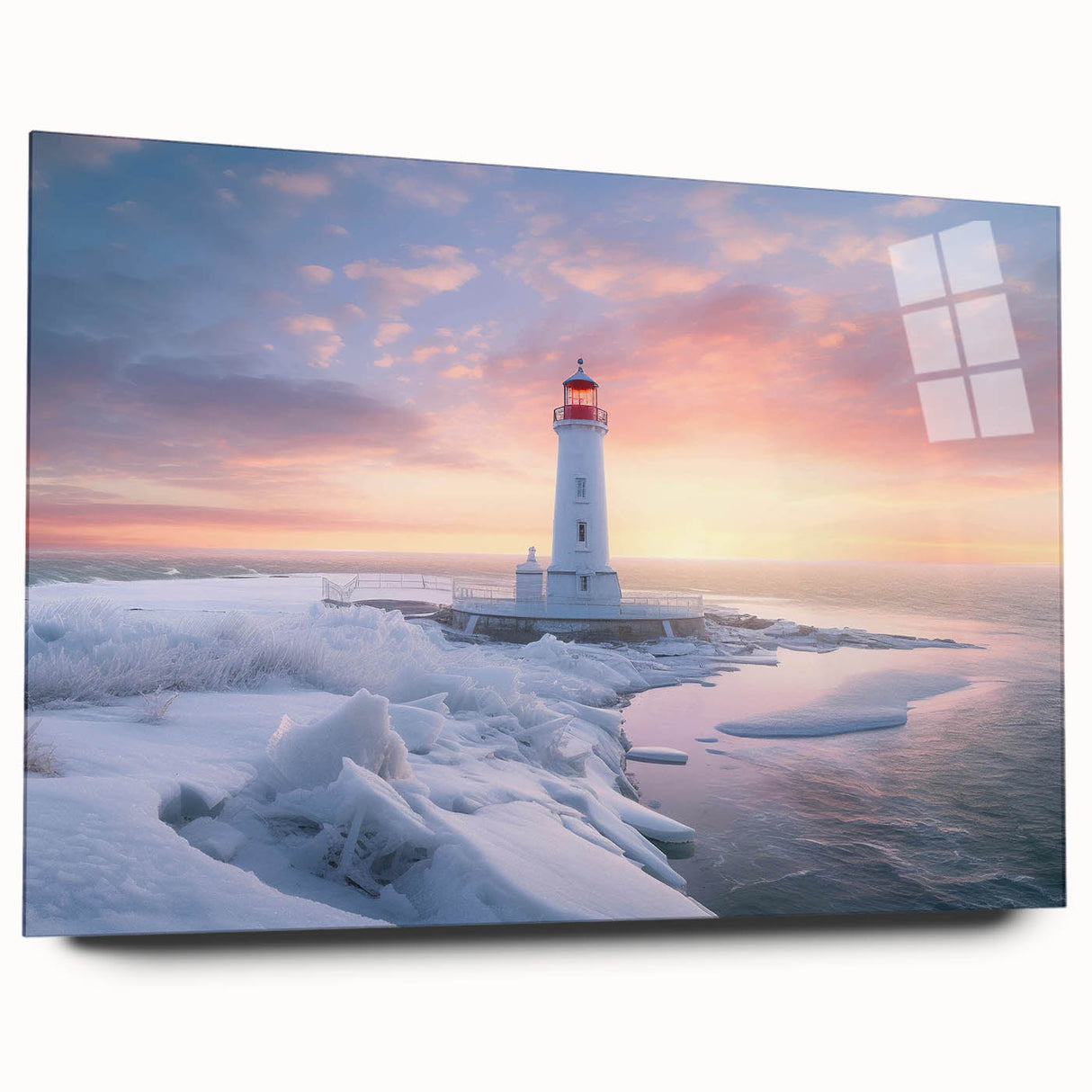 Side view of a lighthouse wall art design collection displayed in acrylic glass, showcasing vibrant colors and intricate details, ideal for coastal decor enthusiasts.