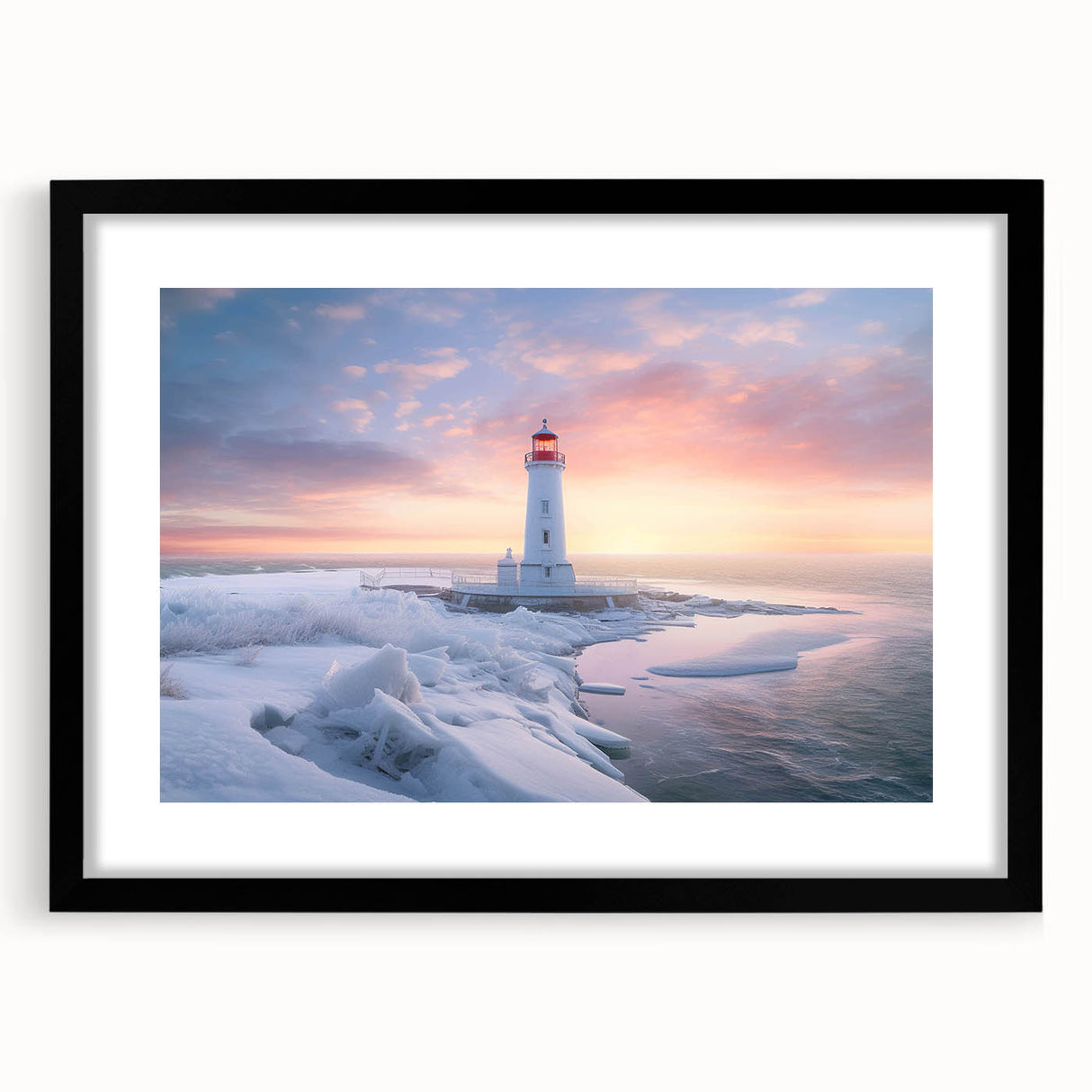 Framed wall art showcasing a serene lighthouse landscape design, featuring a black frame and a white mat, perfect for coastal home decor.