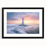 Framed wall art showcasing a serene lighthouse landscape design, featuring a black frame and a white mat, perfect for coastal home decor.
