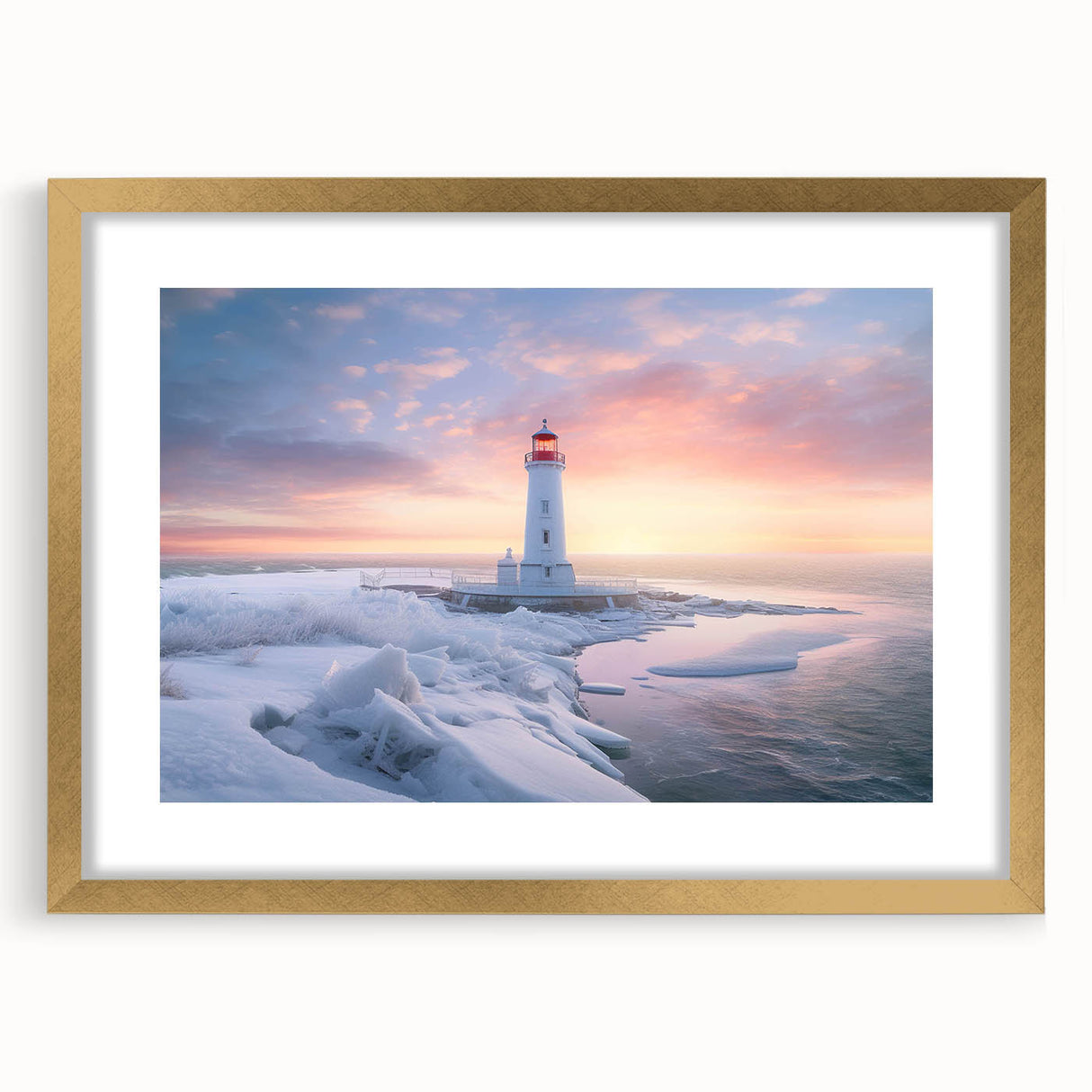 Elegant gold-framed wall art featuring a tranquil lighthouse landscape design, complete with a mat for added depth, perfect for enhancing home decor.