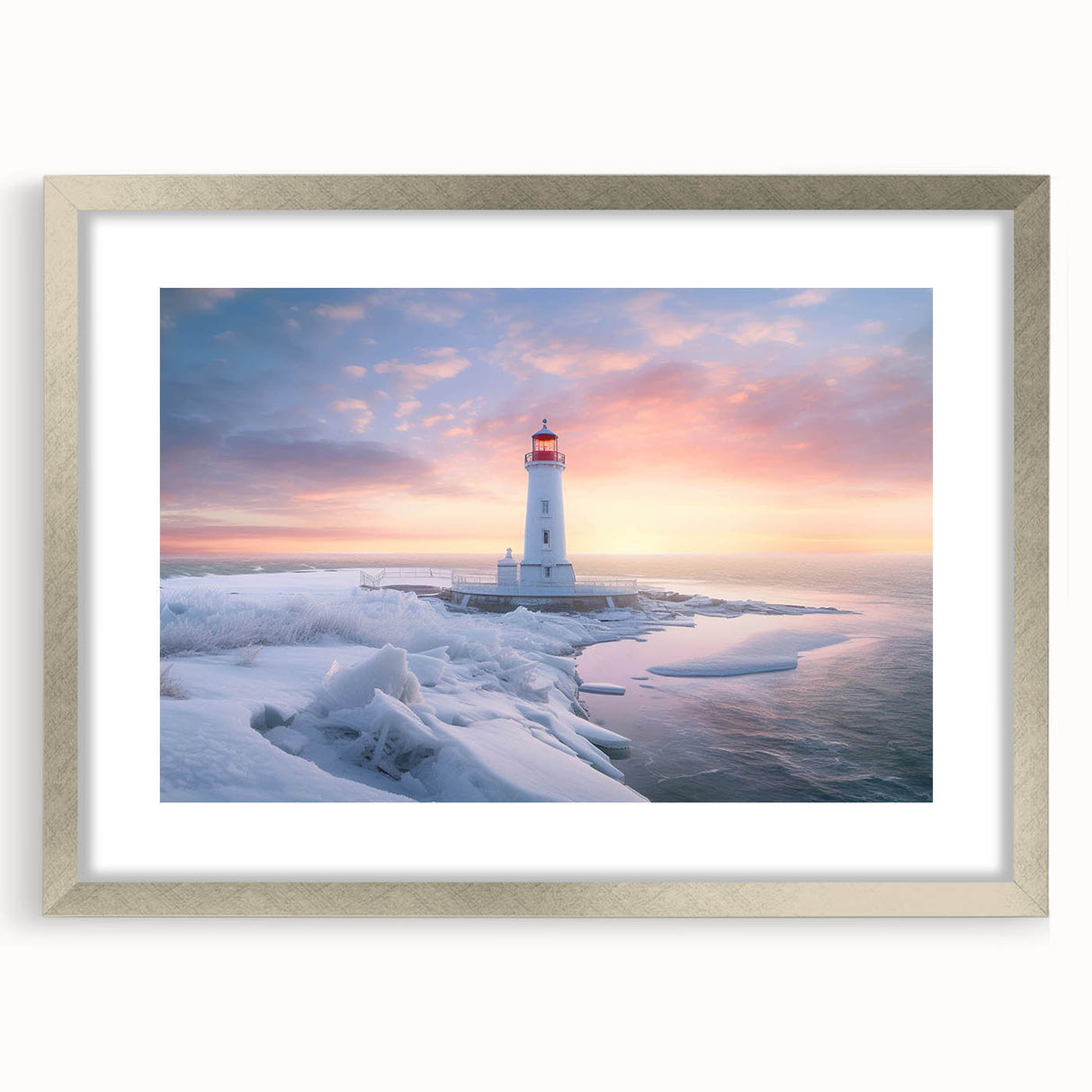 Framed silver wall art depicting a serene lighthouse landscape, showcasing vibrant colors and intricate details, perfect for enhancing home decor.