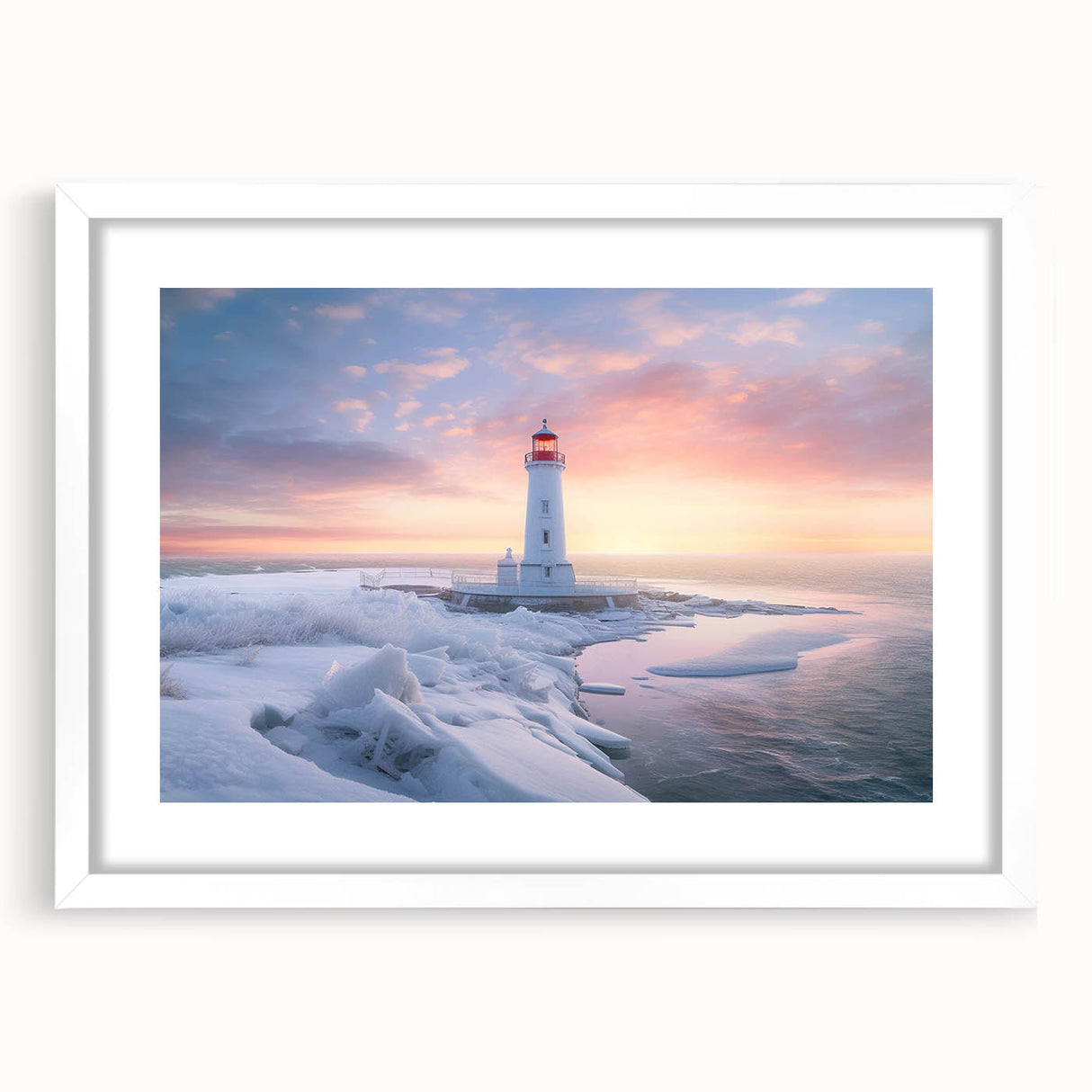 Framed white mat artwork depicting a serene lighthouse landscape scene, perfect for coastal-themed decor and enhancing any living space aesthetic.