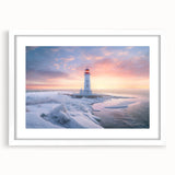 Framed white mat artwork depicting a serene lighthouse landscape scene, perfect for coastal-themed decor and enhancing any living space aesthetic.