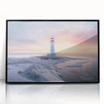 Framed wall art featuring a picturesque lighthouse design, showcasing vibrant colors and intricate details, perfect for coastal-themed home decor. The black frame adds elegance and highlights the artwork, making it a stunning addition to any room.