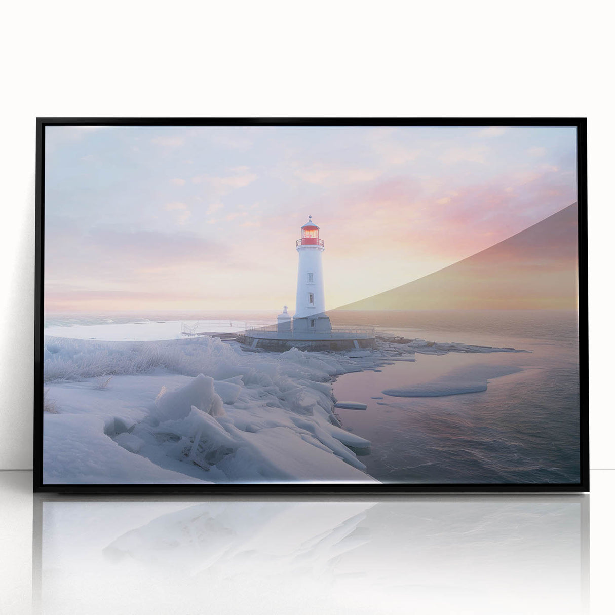 Framed wall art featuring a picturesque lighthouse design, showcasing vibrant colors and intricate details, perfect for coastal-themed home decor. The black frame adds elegance and highlights the artwork, making it a stunning addition to any room.