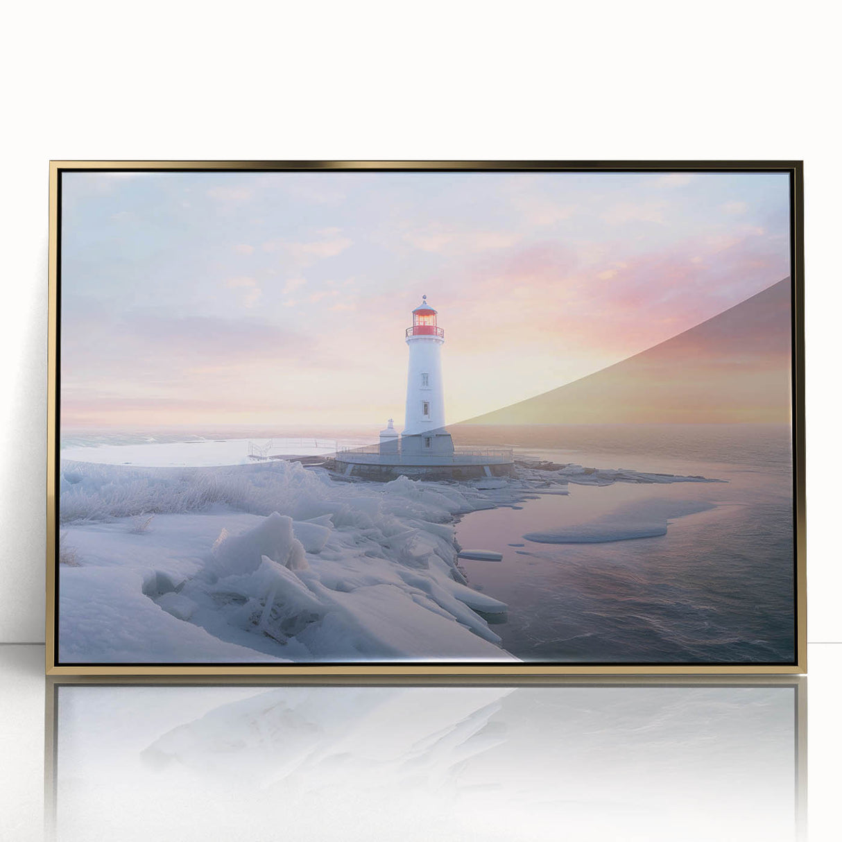 Framed wall art showcasing a vibrant lighthouse design with gold accents, perfect for coastal-themed decor. Ideal for enhancing modern living spaces or offices.