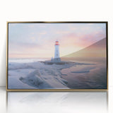 Framed wall art showcasing a vibrant lighthouse design with gold accents, perfect for coastal-themed decor. Ideal for enhancing modern living spaces or offices.