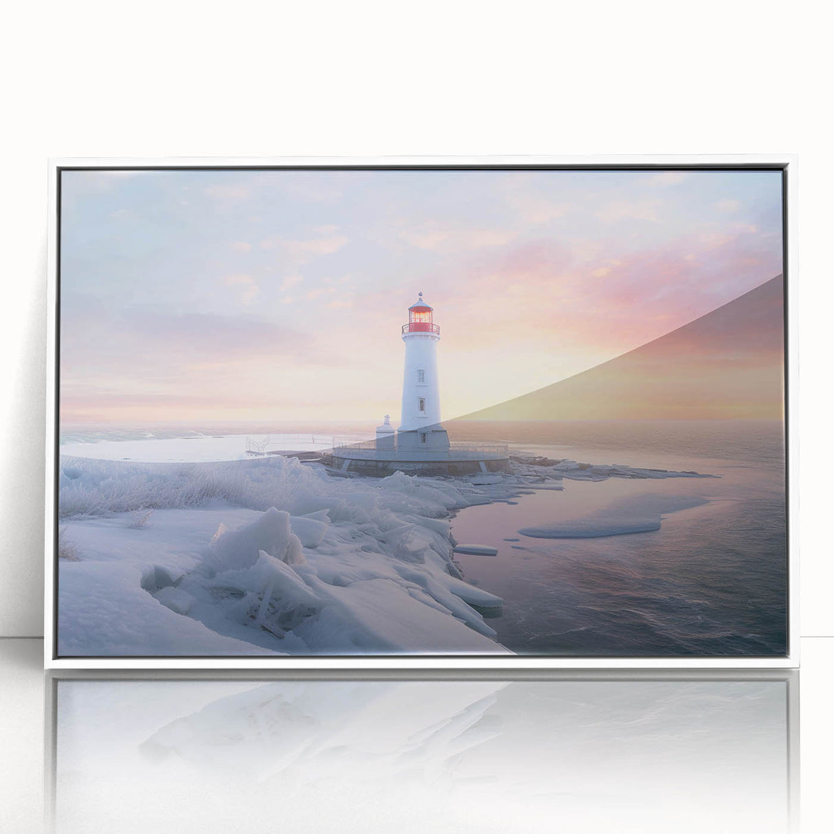 Framed wall art collection featuring a coastal lighthouse design with vibrant colors, set against a white background, ideal for enhancing home decor.