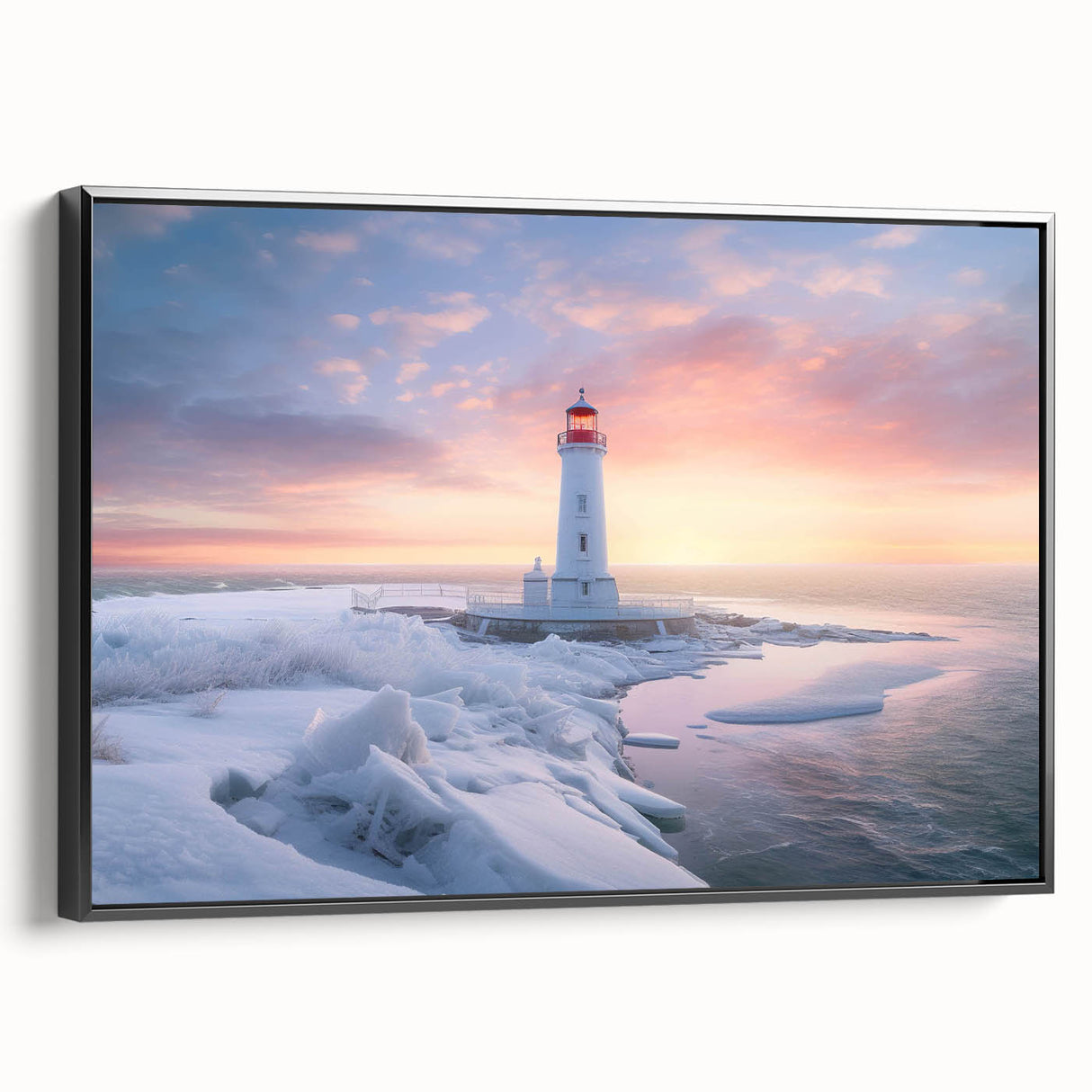 Framed canvas wall art showcasing a serene lighthouse design against a vibrant coastal landscape, featuring a sleek black frame and side view perspective, perfect for nautical-themed decor.