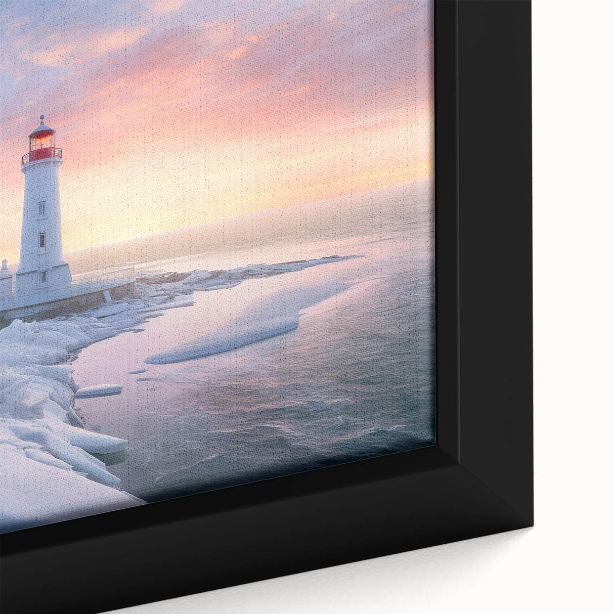 Close-up of a framed canvas wall art piece featuring a serene lighthouse design amidst vibrant landscapes, emphasizing rich colors and fine details, ideal for coastal decor.