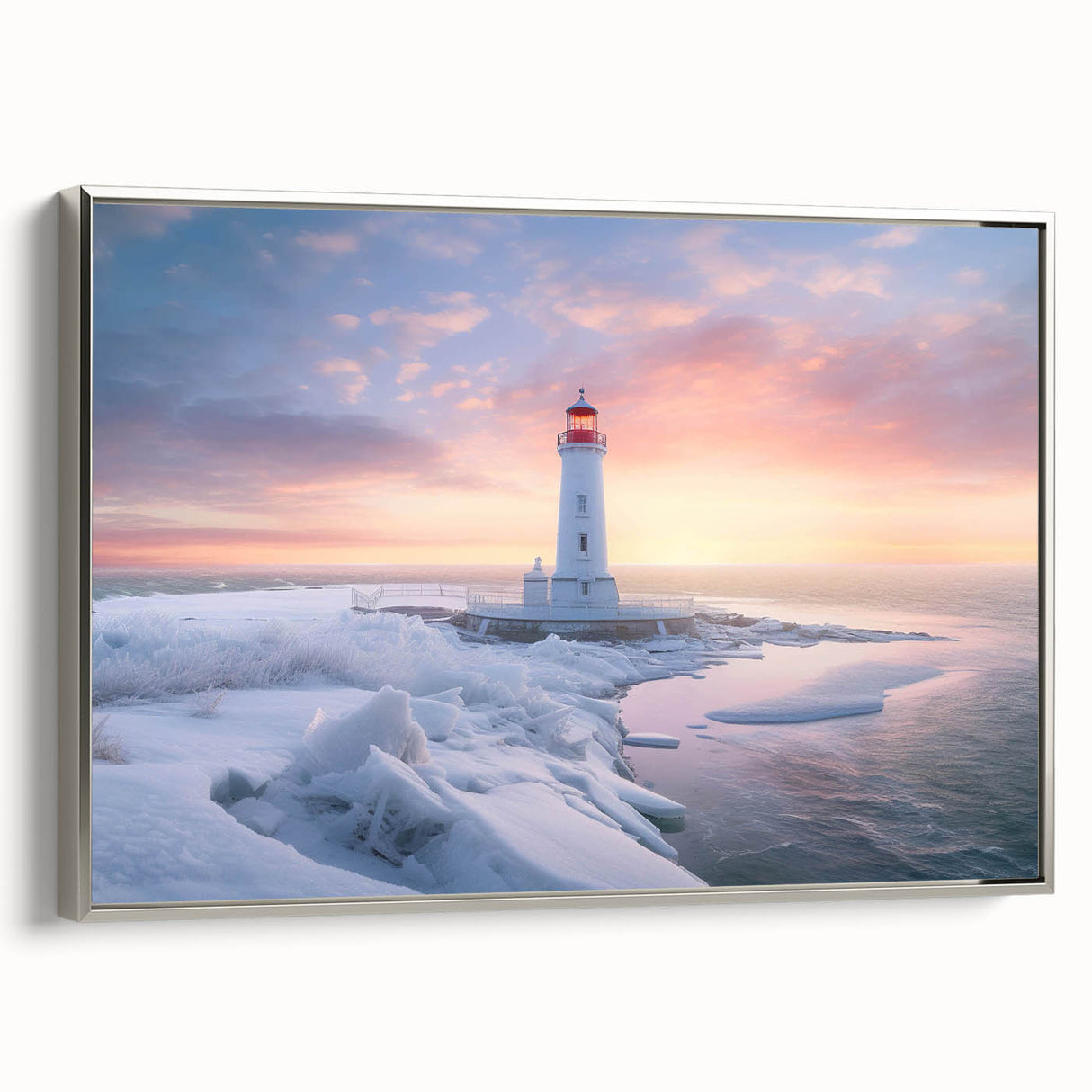 Framed canvas artwork depicting a serene lighthouse landscape, featuring soft colors and a silver frame, perfect for enhancing home decor with coastal charm.