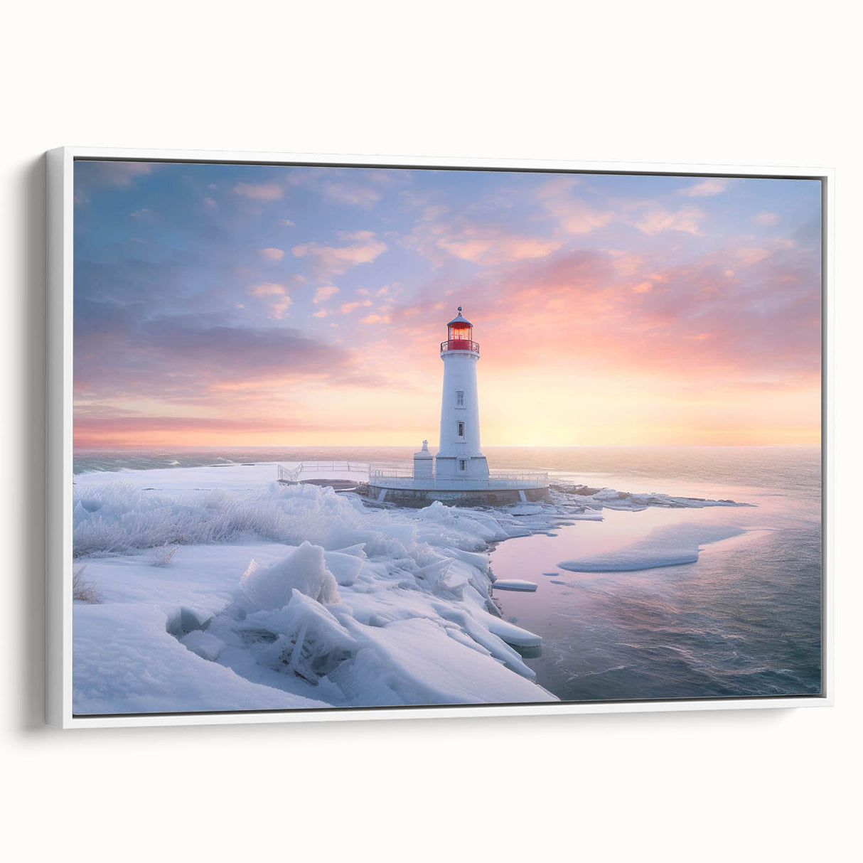 Framed canvas artwork showcasing a serene lighthouse scene with a white frame, highlighting vibrant colors and intricate details, perfect for coastal decor enthusiasts.