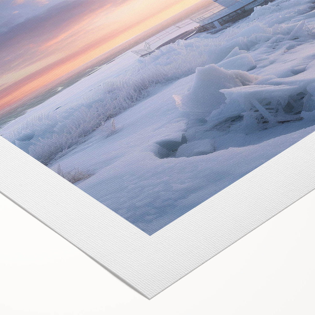 Vibrant rolled canvas wall art showcasing a serene lighthouse landscape design, featuring soft blues and warm sunset hues, ideal for coastal home decor.