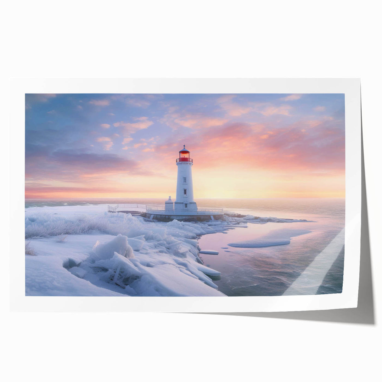 Lighthouse wall art print showcasing a serene coastal landscape with vibrant colors, rolled and ready for display, perfect for nautical-themed decor.