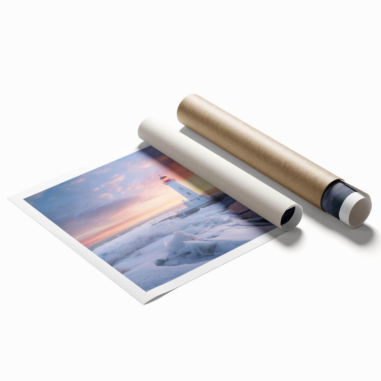 Vibrant rolled print of a coastal lighthouse landscape, showcasing vivid colors and intricate details, perfect for home or office decor in a protective tube.