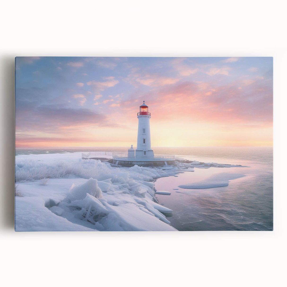 Stretched canvas wall art featuring a coastal lighthouse design, showcasing vibrant blue skies and crashing waves, ideal for nautical-themed decor.