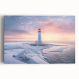 Stretched canvas wall art featuring a coastal lighthouse design, showcasing vibrant blue skies and crashing waves, ideal for nautical-themed decor.