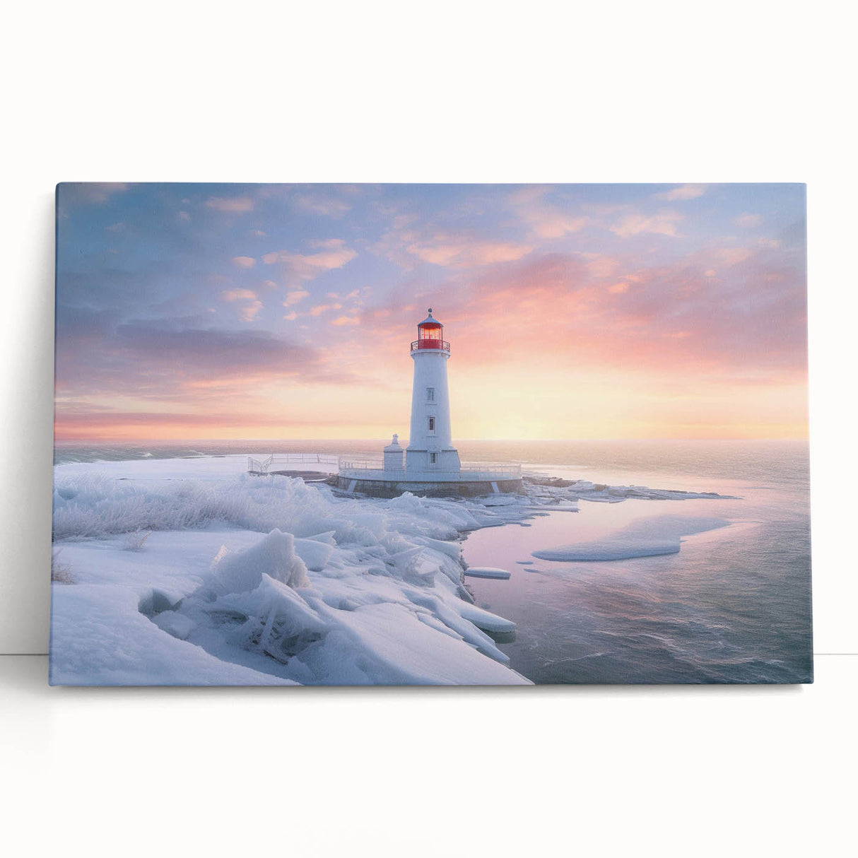 Stretched canvas wall art showcasing a serene lighthouse landscape design, featuring vibrant colors and intricate details, perfect for coastal-themed interiors.