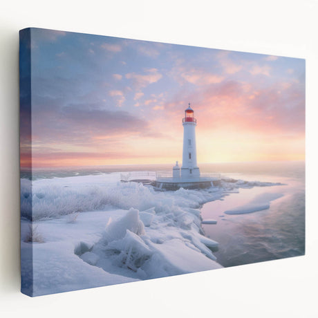 Stretched canvas wall art showcasing a scenic lighthouse design against a vibrant sunset backdrop, ideal for coastal-themed decor or nautical enthusiasts.