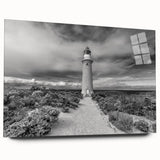 Acrylic glass wall art collection showcasing a scenic lighthouse design, with vibrant colors and intricate details, displayed in a side view without pins, perfect for coastal decor.