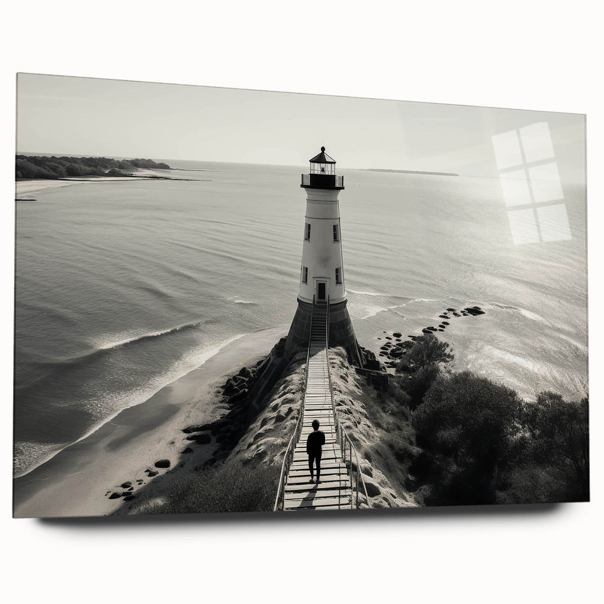 Acrylic glass wall art collection showcasing a side view of a lighthouse design, featuring vibrant colors and intricate details, perfect for coastal decor enthusiasts.