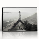 Framed wall art collection showcasing a vibrant lighthouse design, featuring a sleek black frame and acrylic front, perfect for coastal home decor.