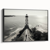 Framed wall art collection depicting a serene lighthouse landscape design, featuring vibrant colors and intricate details, showcased from a black side view, ideal for coastal-themed decor.